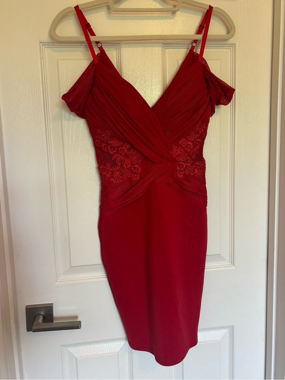 Lipsy Red Ruched Lace-Accent Mini Dress